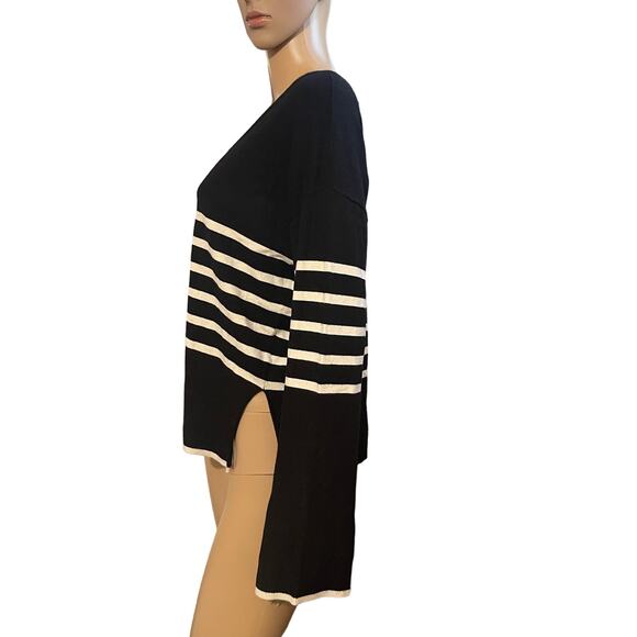 VERO MODA HAPPINESS STRIPE V-NECK PULLOVER SWEATER MEDIUM BLACK WITH BIRCH NWT - Picture 4 of 12